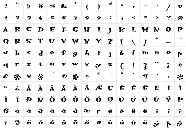 HotsyTotsy Bold-MvB  glyph index