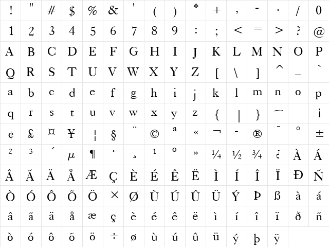 Caslon540 BT Roman  glyph index