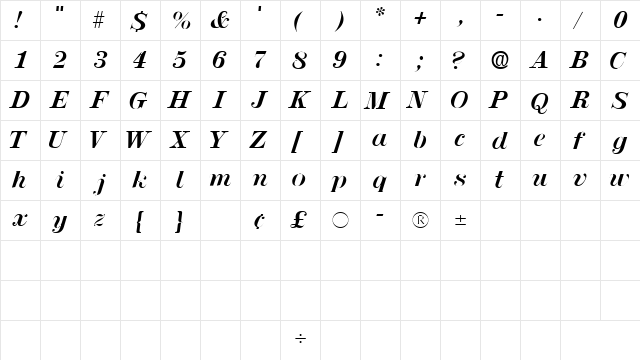LuciaSSK Italic  glyph index