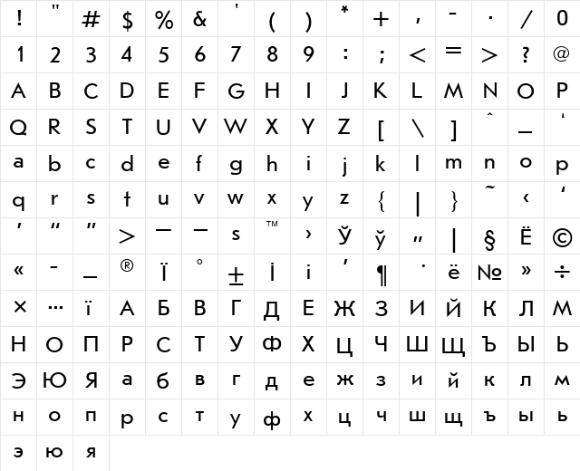 Journal SansSerif Plain  glyph index