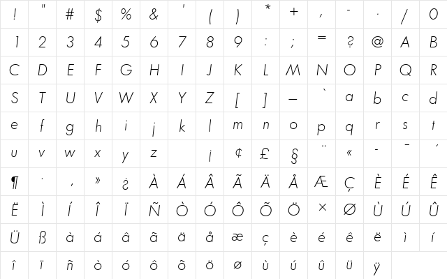 FuturaTLigOblRo1 Regular  glyph index