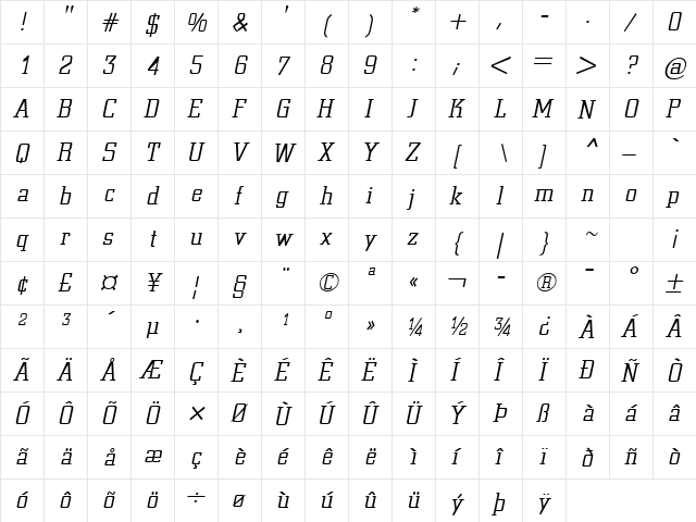 Center City Oblique  glyph index