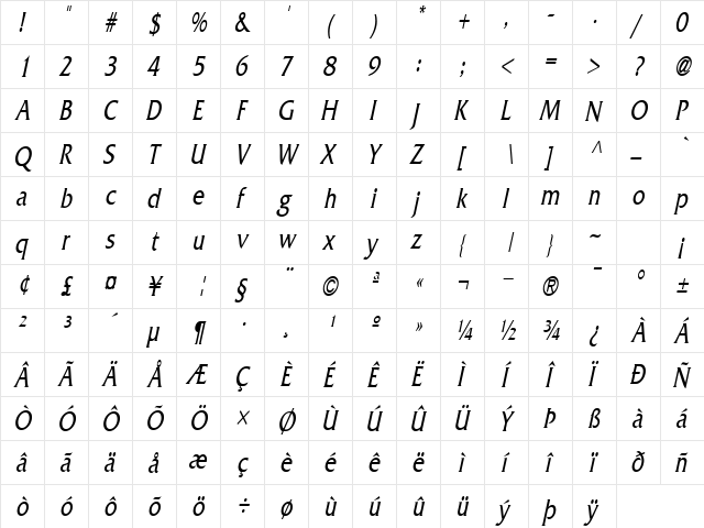 AllianceCondensed Italic  glyph index