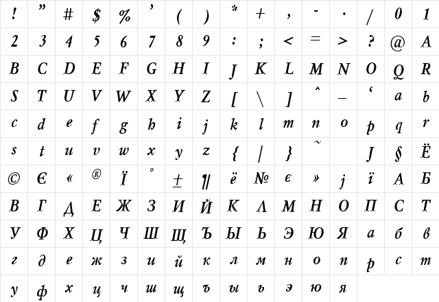 MyslNarrowC BoldItalic  glyph index