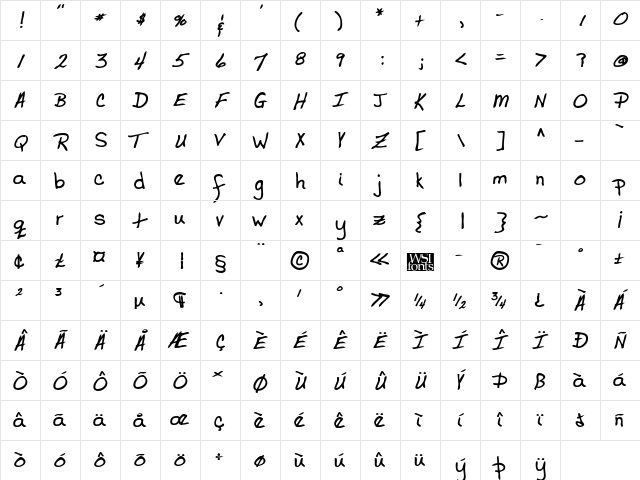 CodysHand Bold  glyph index