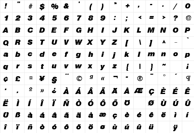 SansLH Bold Italic  glyph index