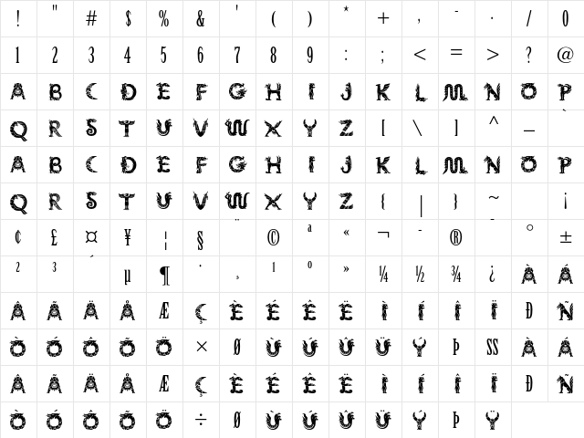 Mythos Std Regular  glyph index