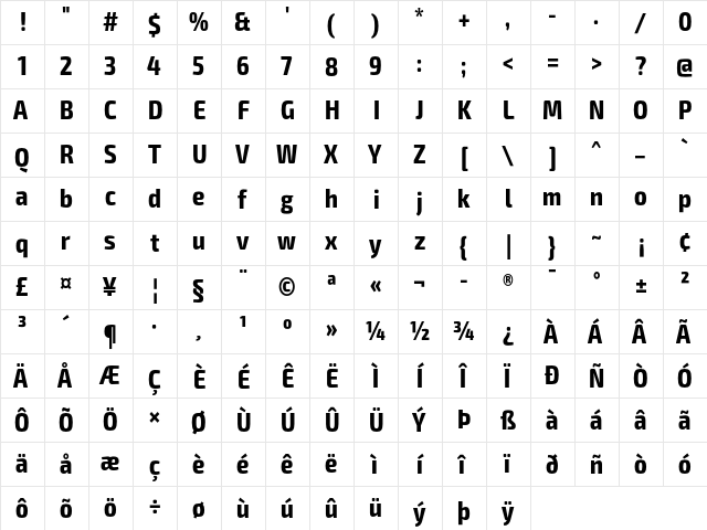 Exo 2 Bold Condensed  glyph index