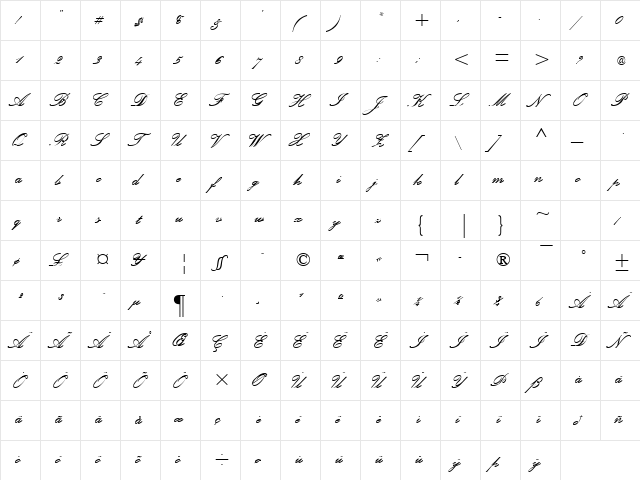 Palace Script SemiBold  glyph index