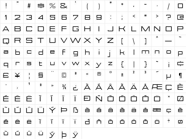 Nesobrite Expanded Bold  glyph index