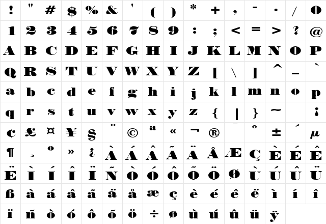 Norway Wide Normal  glyph index