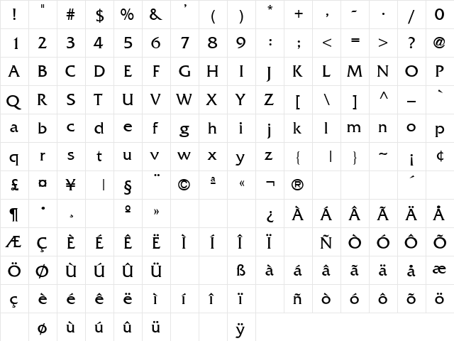 FrizQuadrata Regular  glyph index