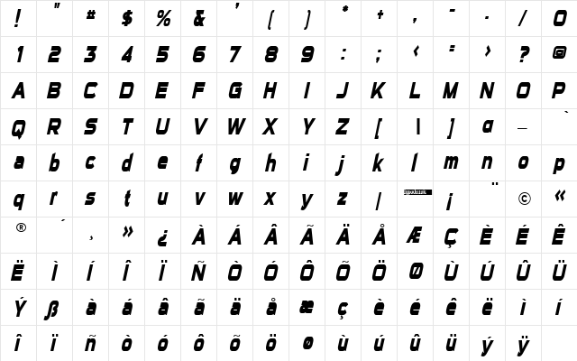 Sui Generis Condensed Bold Italic  glyph index