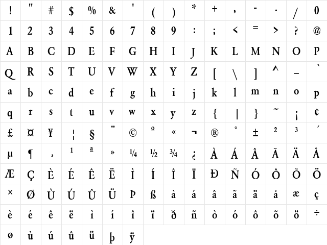 GaramondMediumCnd-Normal Regular  glyph index