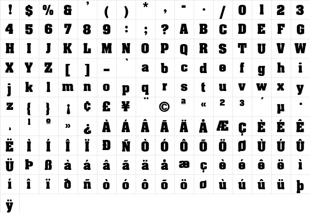 Aardvark Bold  glyph index