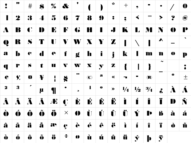 Bodoni Becker No2 Ultra Regular  glyph index