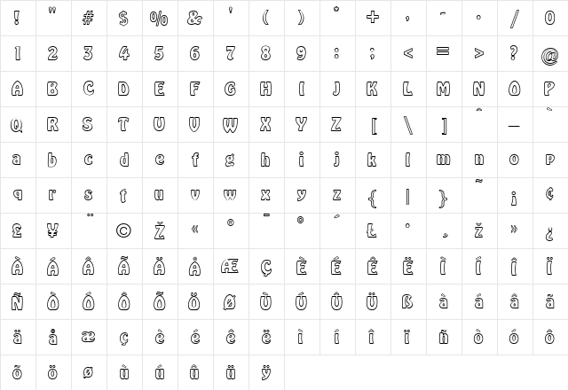 HoboOutline Regular  glyph index