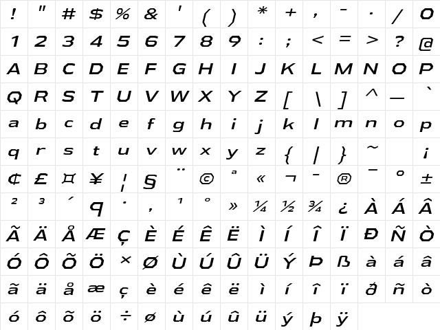 Athabasca Expanded Italic  glyph index