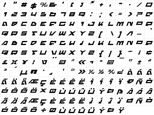 Trajia Expanded Italic Expanded Italic  glyph index