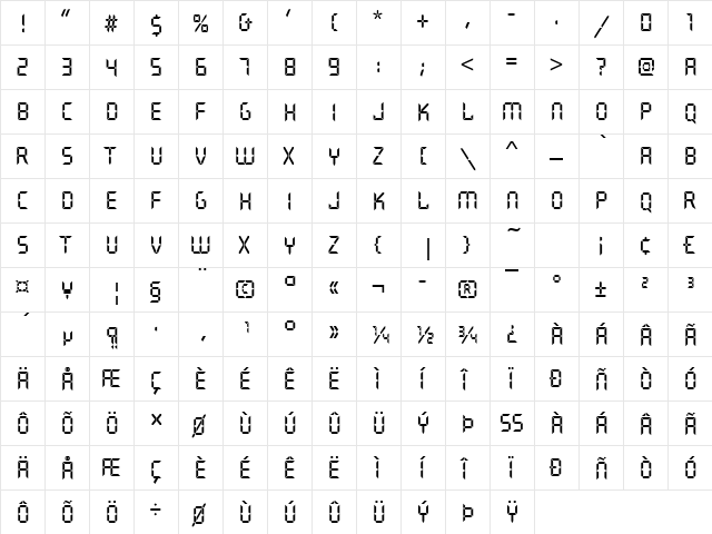 Quartz Becker Regular  glyph index