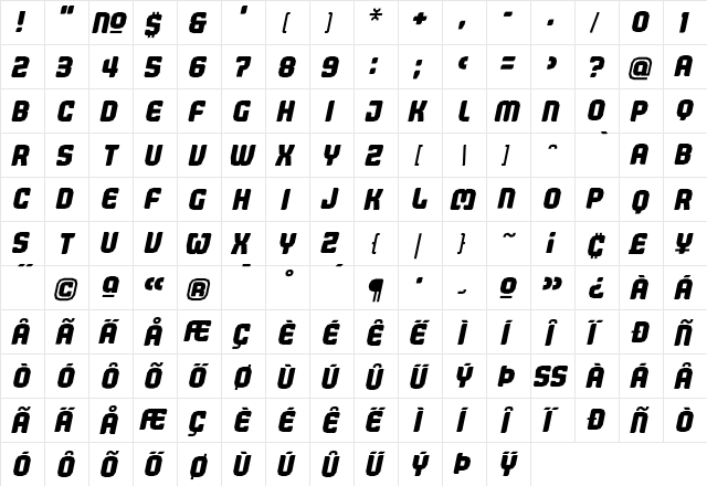 Judgement ItalicBold  glyph index