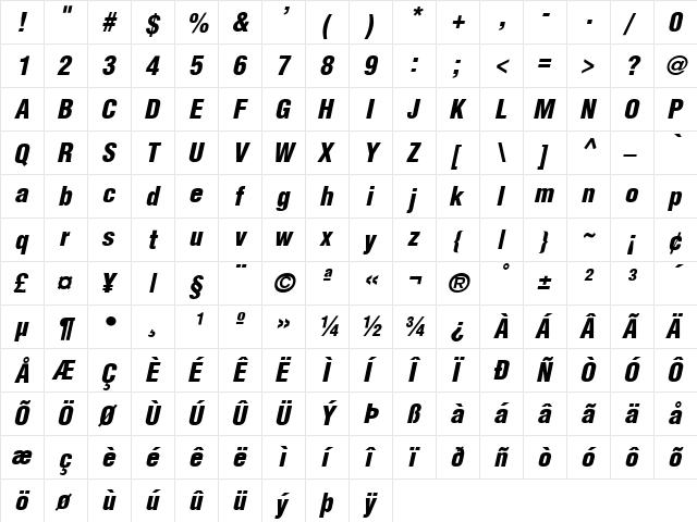 SwitzerlandCondBlack Italic  glyph index