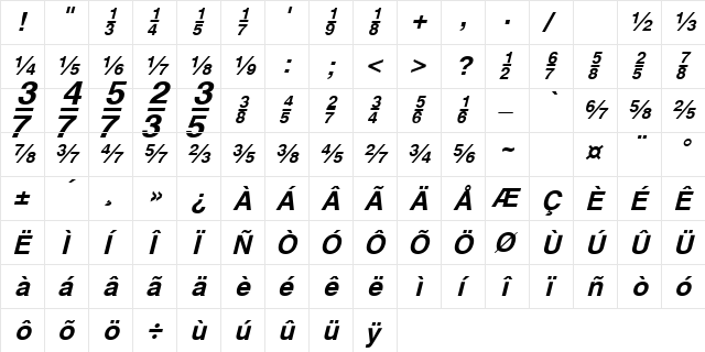 HeFractions BoldItalic  glyph index