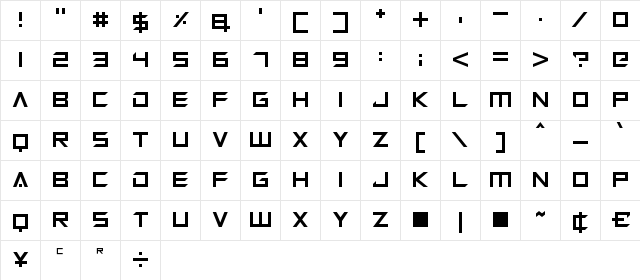 Megabot Five Regular  glyph index