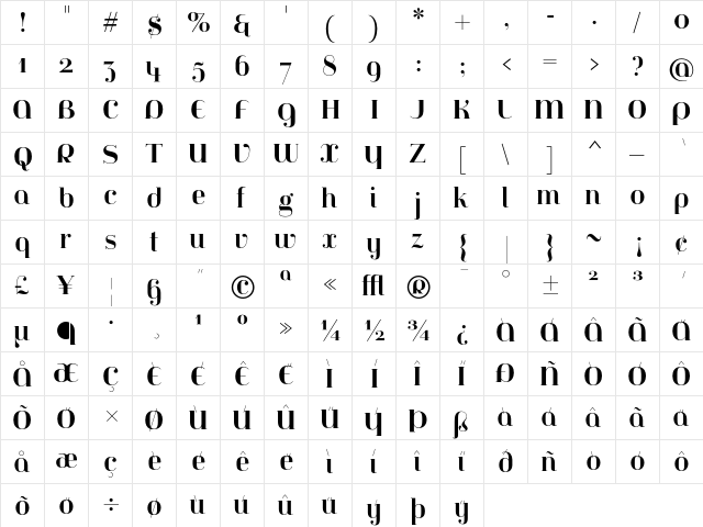 Jeanne Moderno OT Bold  glyph index