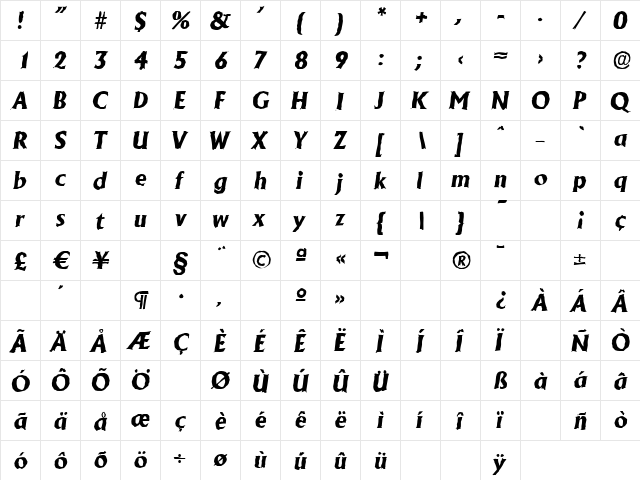 JacobBeckerAntique-ExtraBold Italic  glyph index