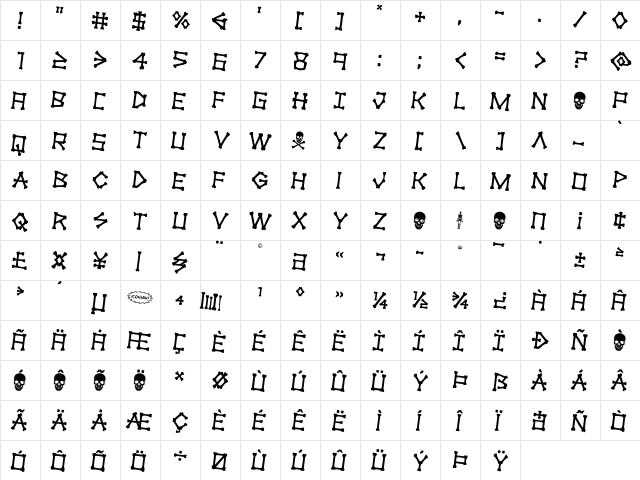xBONES Rotated 2 Regular  glyph index