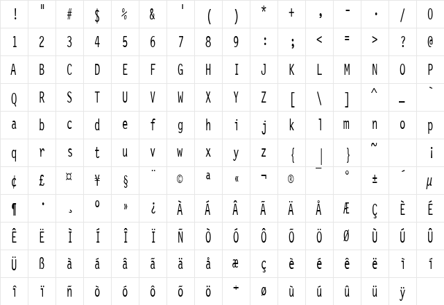 LetterGothicCondensed Regular  glyph index