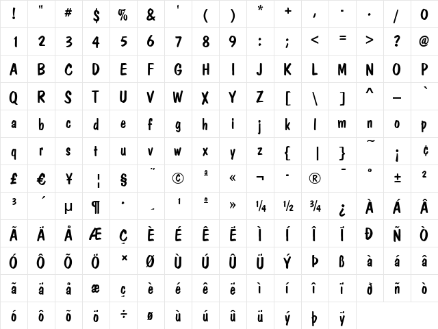 TinaBecker Regular  glyph index