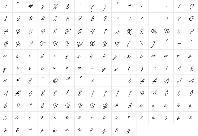 Philomena Script Regular  glyph index