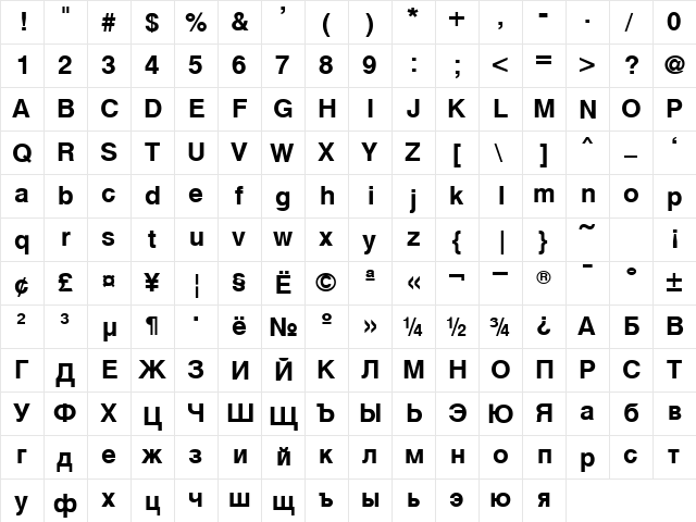 Cyrvetica Bold  glyph index