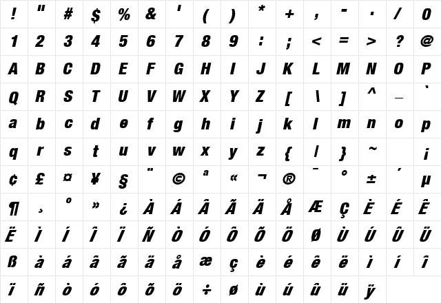 HeaveneticaCond9 BlkOblSH  glyph index