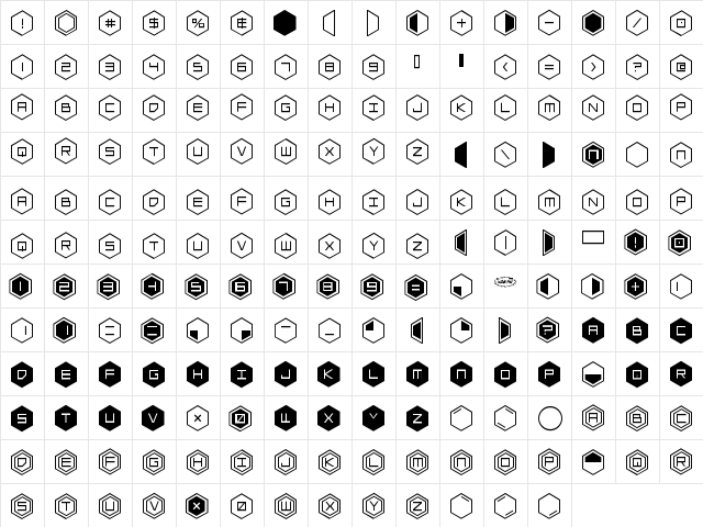 HEX:gon Staggered Regular  glyph index