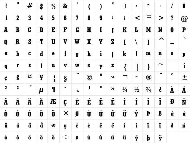 GeoSlab703 XBdCn BT Extra Bold  glyph index