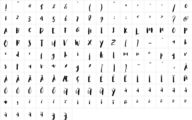 Antums Brush Regular  glyph index