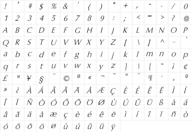 Icoluku Xlight  glyph index