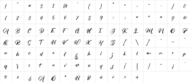 Brentley Script Regular  glyph index