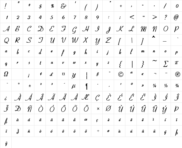 HUNTSON Bold  glyph index