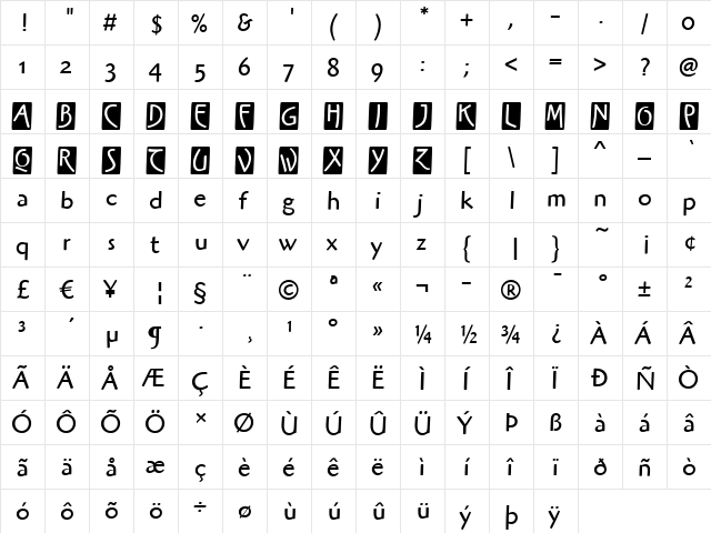 HighlanderITC Book  glyph index