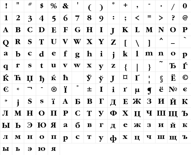 GaramondCTT Bold  glyph index