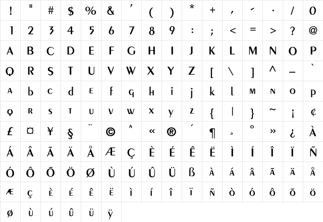 Peignot-Demi-Normal Regular  glyph index