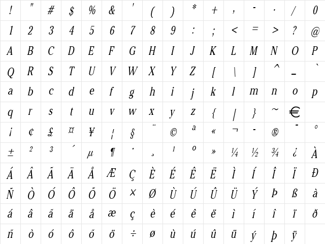 ChelseyThin Italic  glyph index