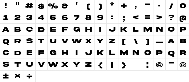 Akira Expanded Super Bold  glyph index