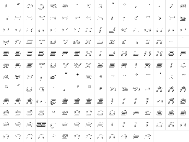 Blade Singer 3D Italic Regular  glyph index