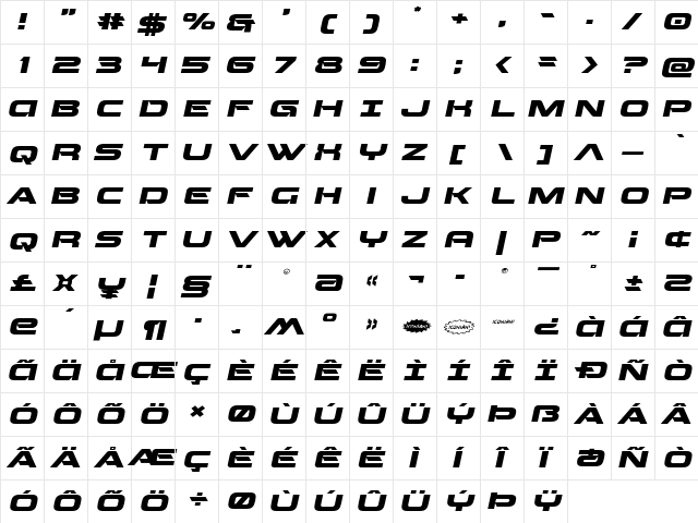 Beam Weapon Expanded Italic Expanded Italic  glyph index