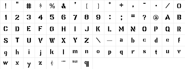 Stencil Gothic Regular  glyph index